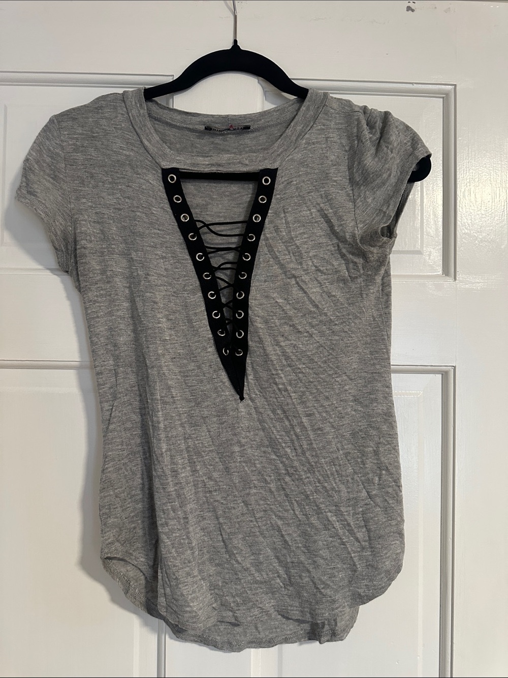 Fashion Nova Gray Short Sleeve Tee with Black Lace-Up V-Neck